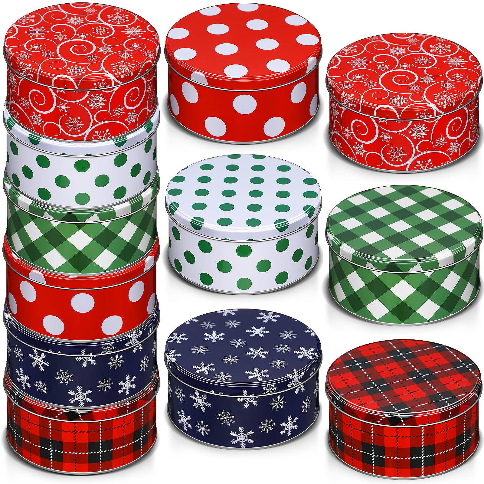 Yaomiao 12-pack Christmas tins with lids for gifting and storage.