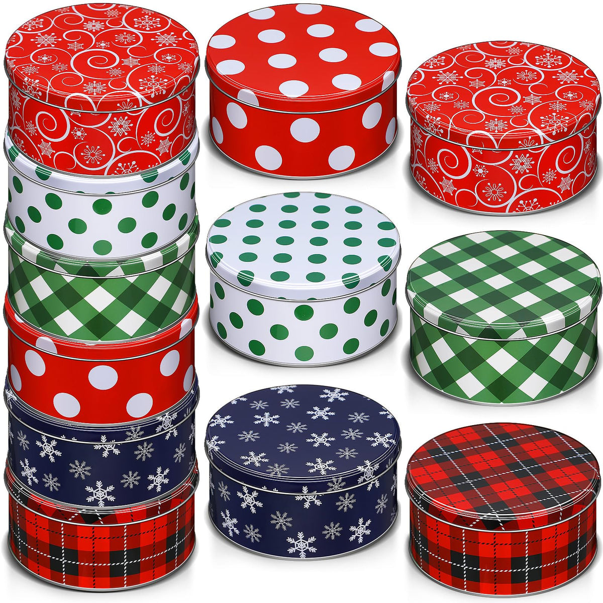 Yaomiao 12-pack Christmas tins with lids for gifting and storage.
