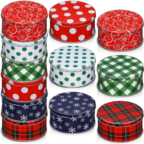 Yaomiao 12-pack Christmas tins with lids for gifting and storage.