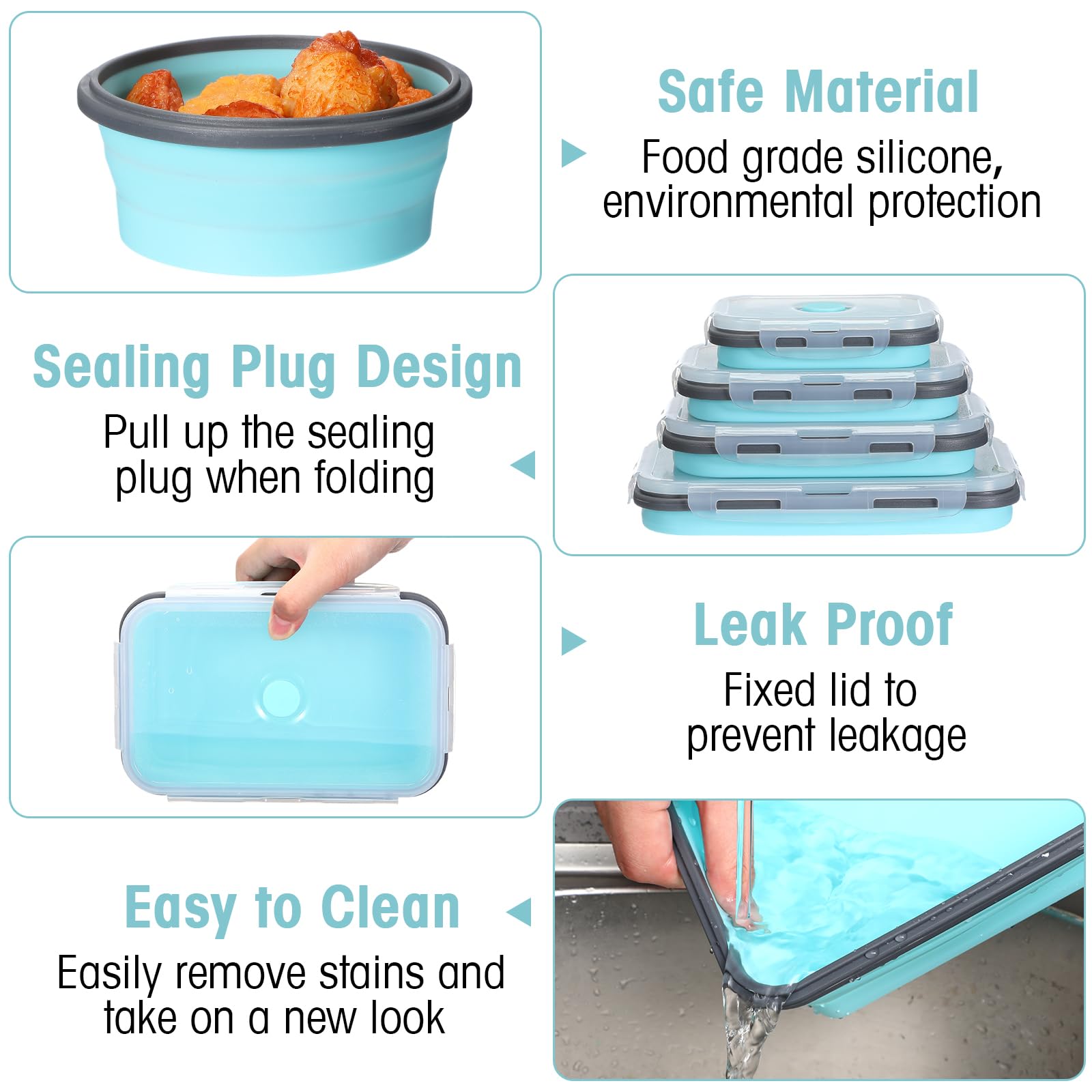 Yaomiao collapsible bowls with lids showing sealing ring for leakproof transport