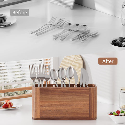 Yaoyiizy acacia wood silverware organizer close-up highlights natural grain and durability.