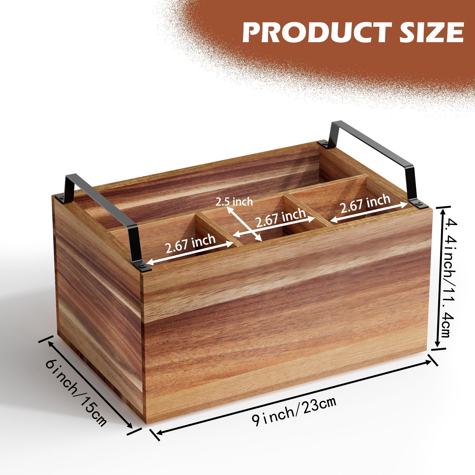 Yaoyiizy wooden silverware caddy compartments illustrate three-slot organization for cutlery