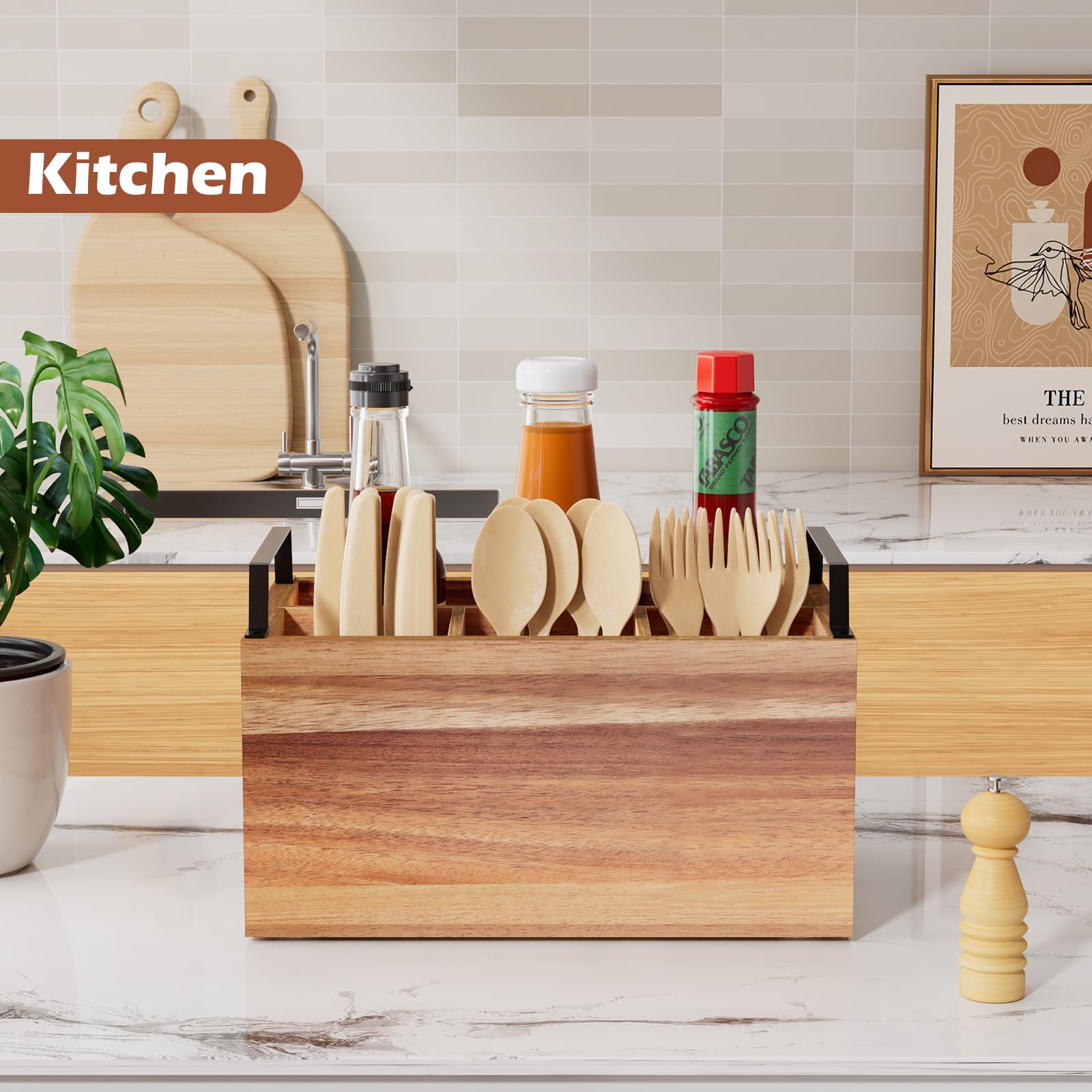 Yaoyiizy wooden silverware caddy countertop setup displays warm acacia wood on display