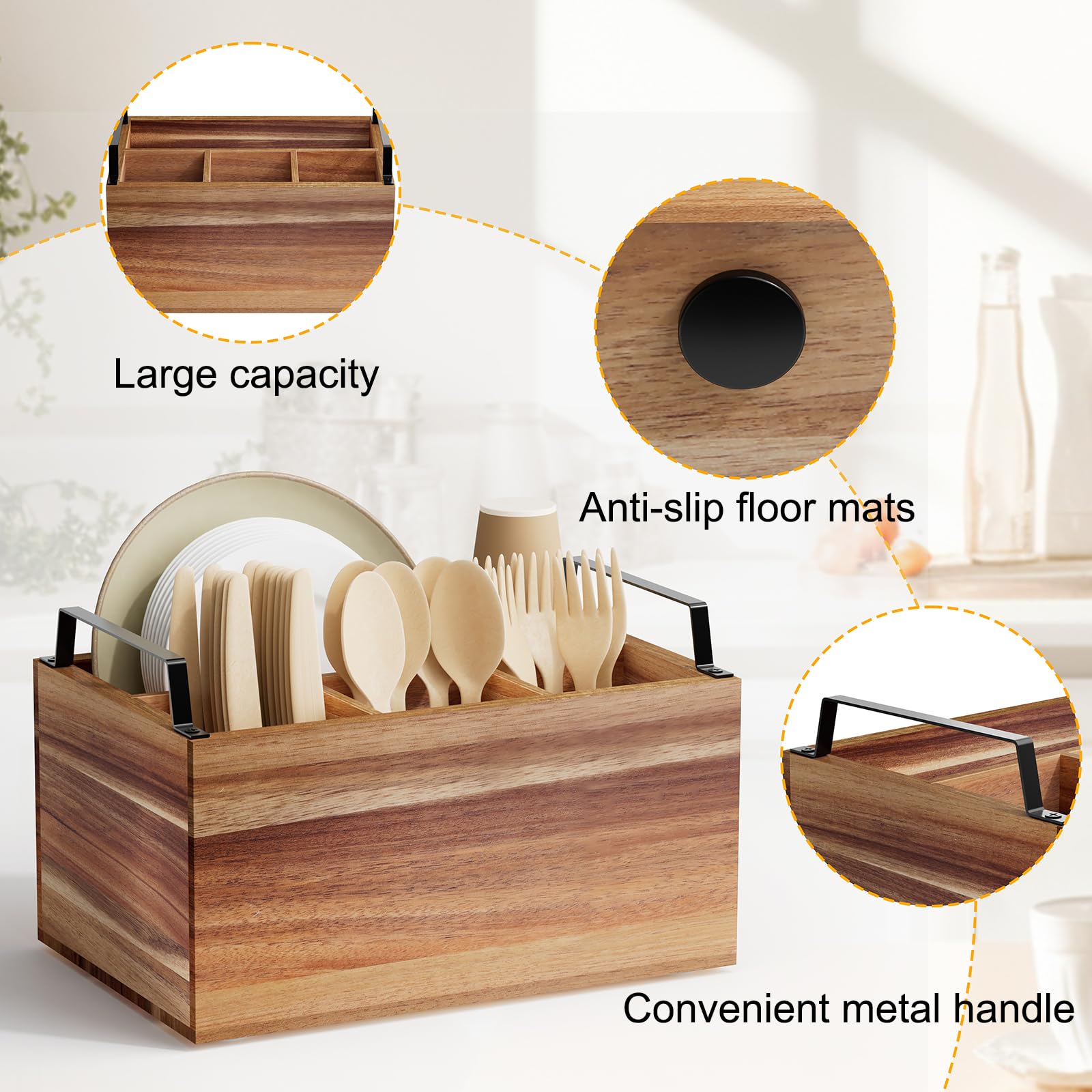 Yaoyiizy wooden silverware caddy napkins compartment stores plates or napkins neatly