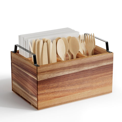 Yaoyiizy wooden silverware caddy top view shows tidy counter organization for utensils