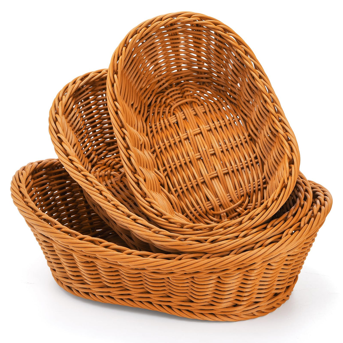 Yarlung brown woven bread basket with fresh loaves on a kitchen counter.