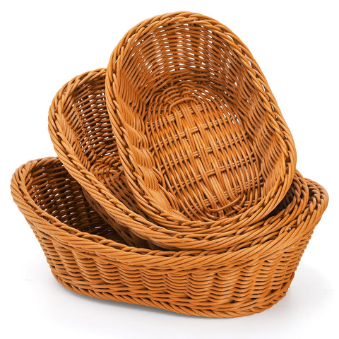 Yarlung brown woven bread basket with fresh loaves on a kitchen counter.
