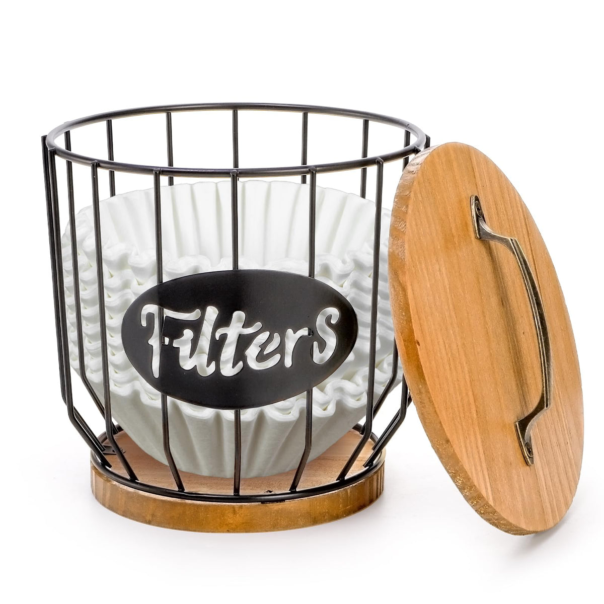 Yarlung coffee filters holder with lid shows rustic base for organized counter