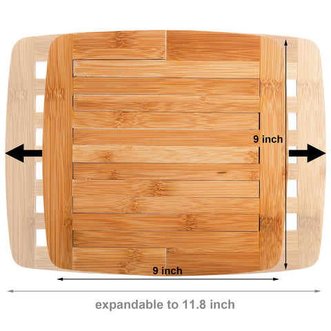 Yarlung expandable bamboo trivet extended to 11.8 inches fits larger pots safely.