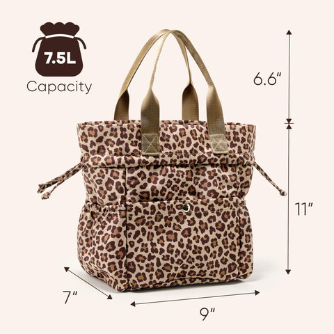 Yarnic Leopard lunch bag with drawstring closure for quick access