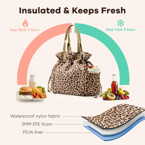 Yarnic Leopard lunch bag insulated lining keeps foods fresh for hours