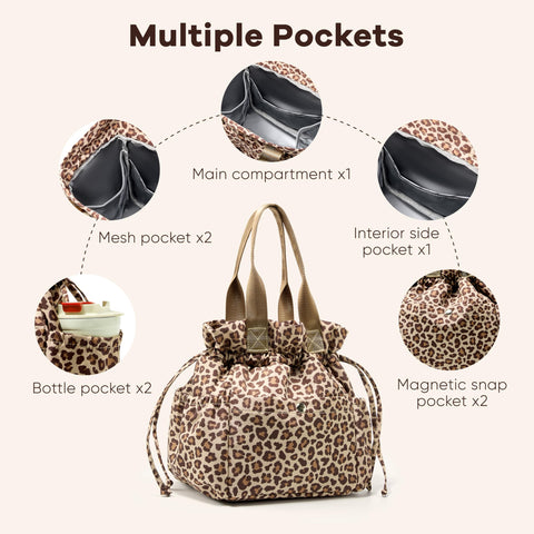Yarnic Leopard lunch bag features multiple pockets to organize lunch, utensils, and drinks