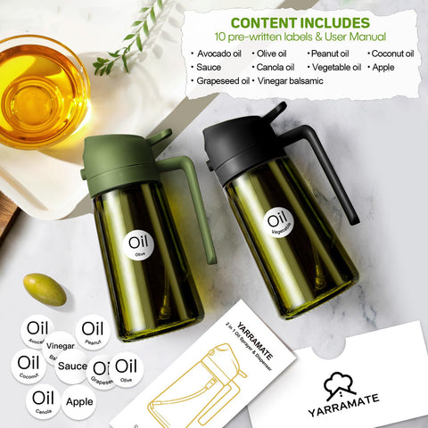 YARRAMATE dark green bottle with labels keeps oils organized and recognizable.