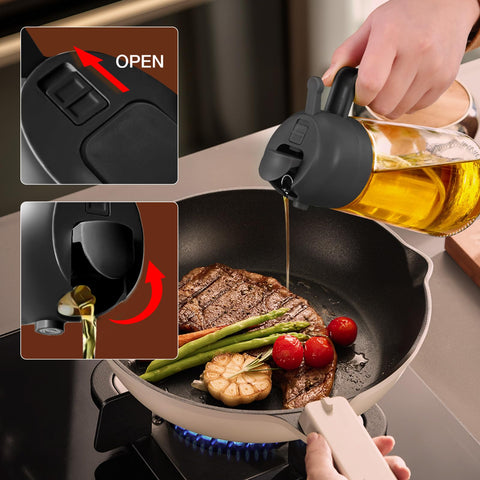 YARRAMATE olive oil dispenser rear handle keeps hands clean during use.
