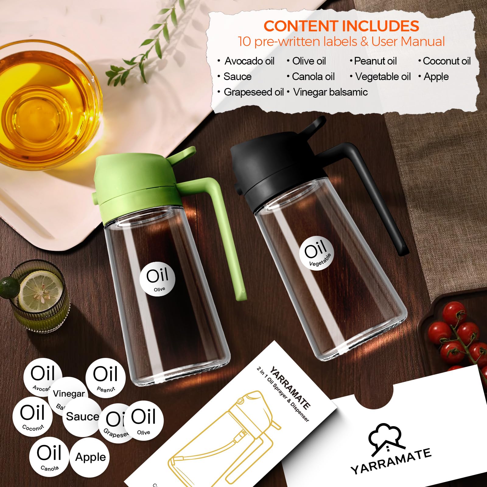 YARRAMATE olive oil dispenser spray mist delivers even coating for grilling and roasting.