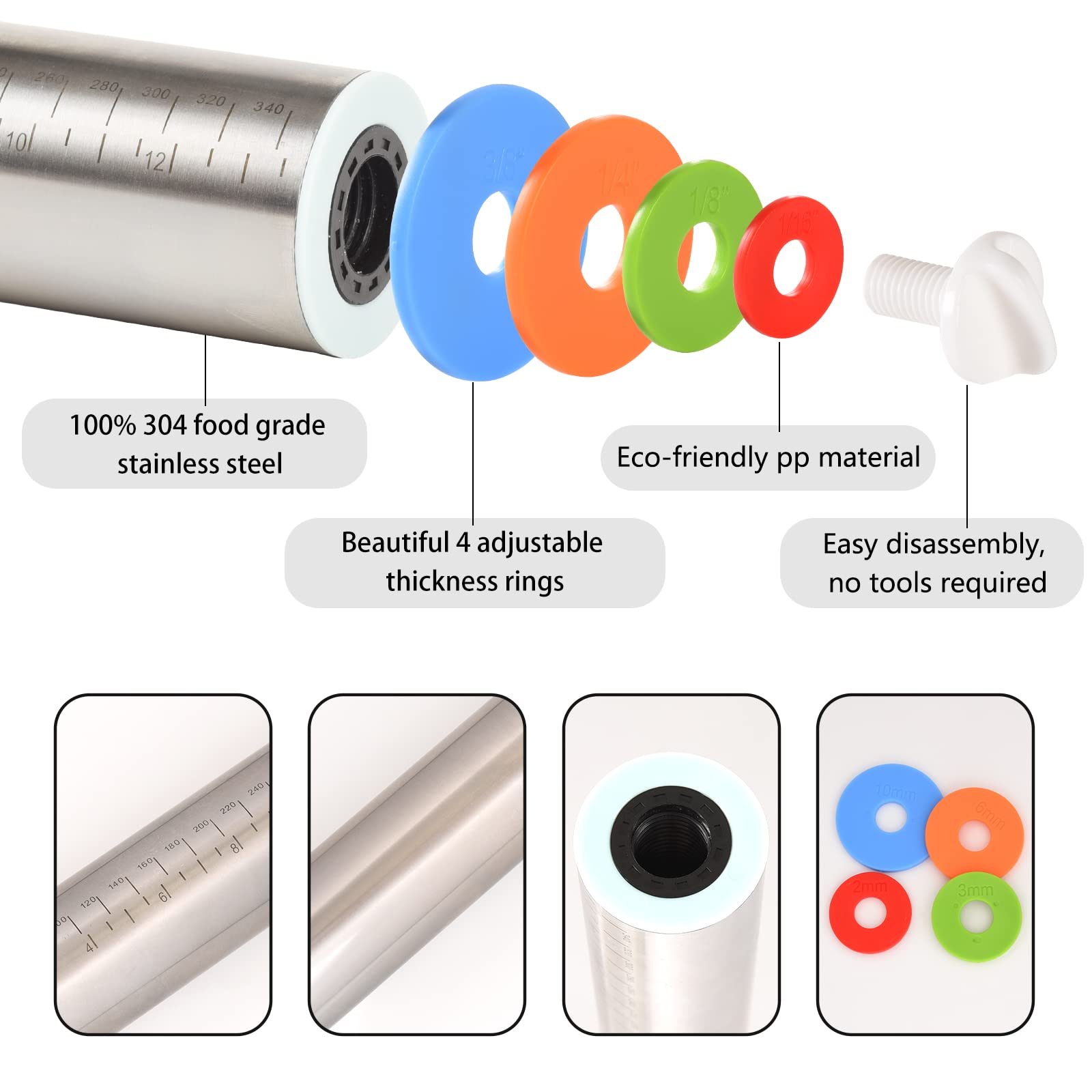 Yasashii adjustable rolling pin smoothly rolls dough for pizza, pastry, or cookies.