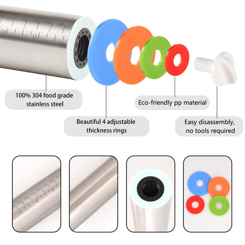 Yasashii adjustable rolling pin smoothly rolls dough for pizza, pastry, or cookies.