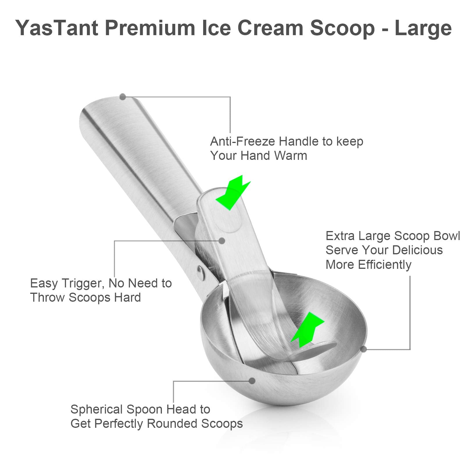 YasTant ergonomic grip ice cream scoop offers comfortable control during long scooping sessions.