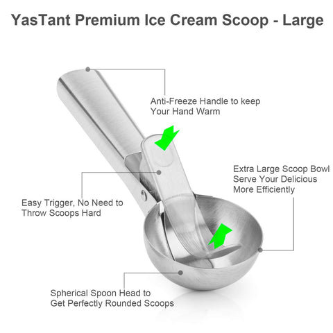 YasTant ergonomic grip ice cream scoop offers comfortable control during long scooping sessions.