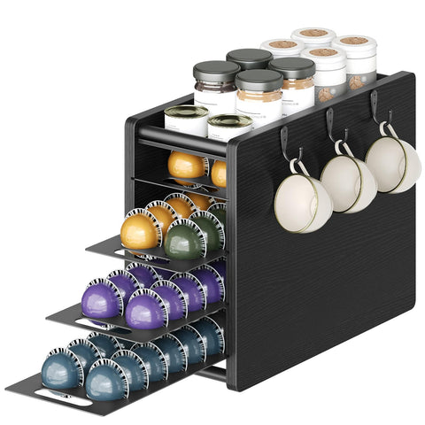 Yatiney coffee pod drawer holder with four-tier shelves organizes Vertuo pods.