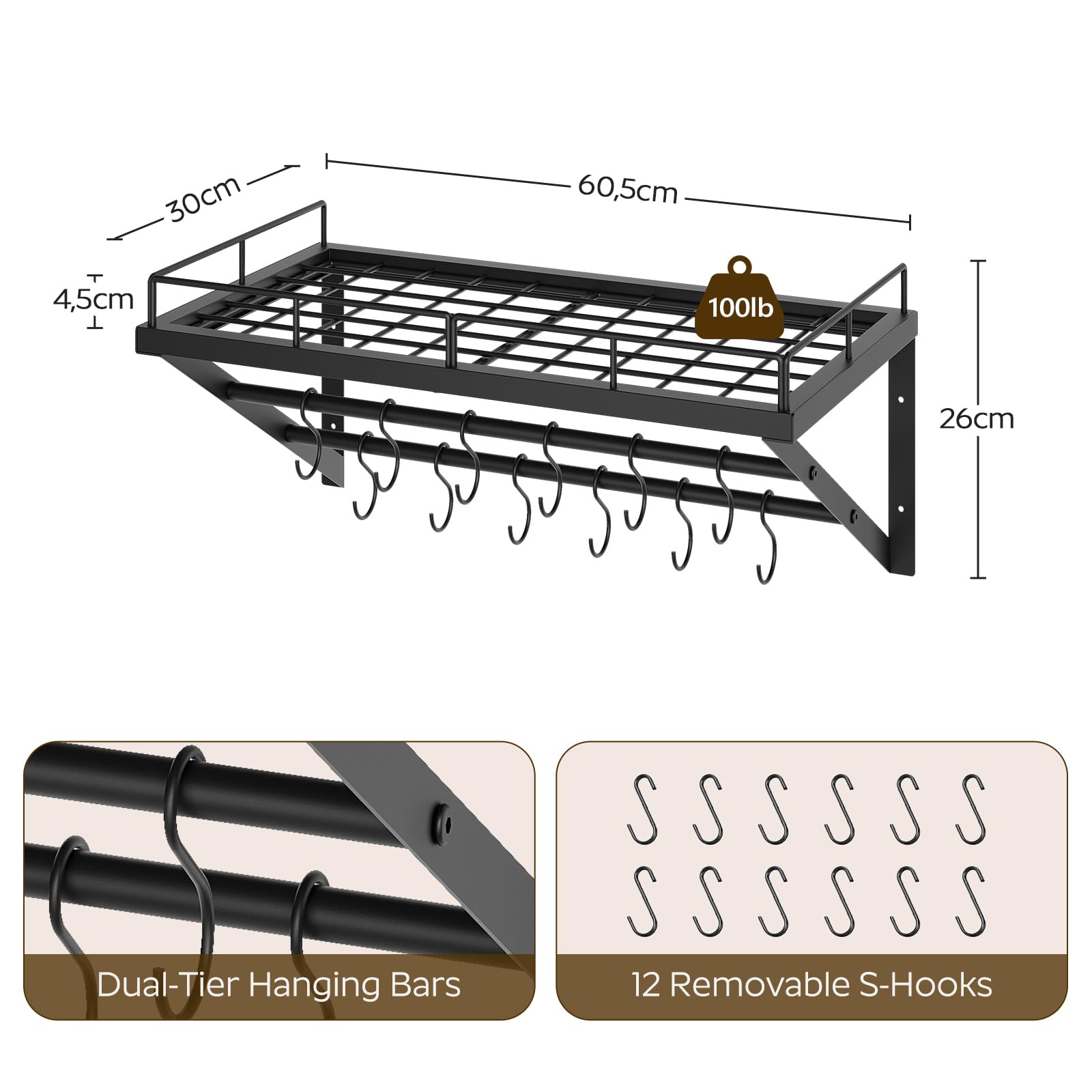Black, heavy-duty iron construction of the YATINEY rack for durability.