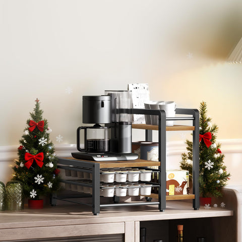 Sturdy metal frame and particleboard support the brewer and pods reliably.