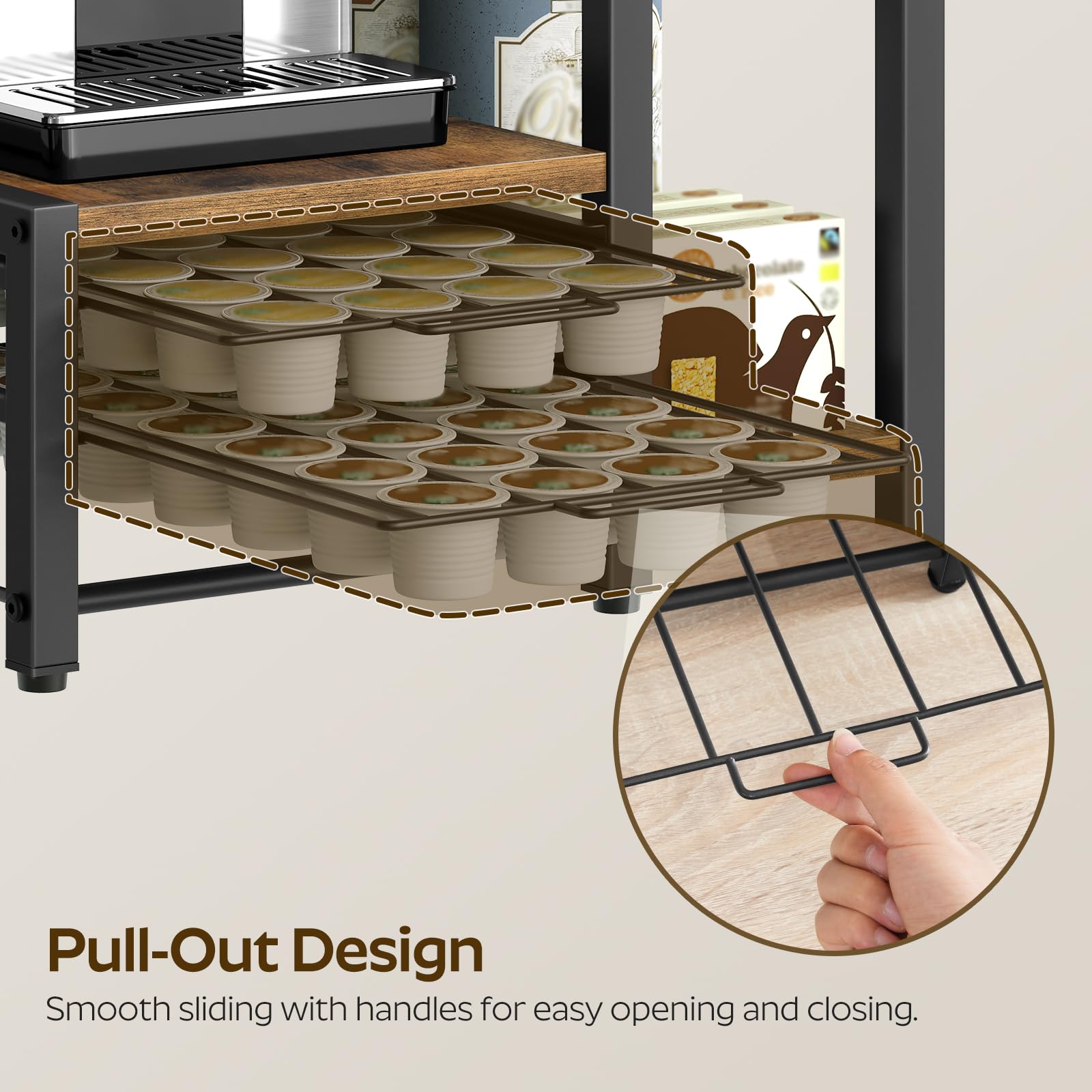 The two-tier drawer securely stores up to 56 K-Cups for quick choice.