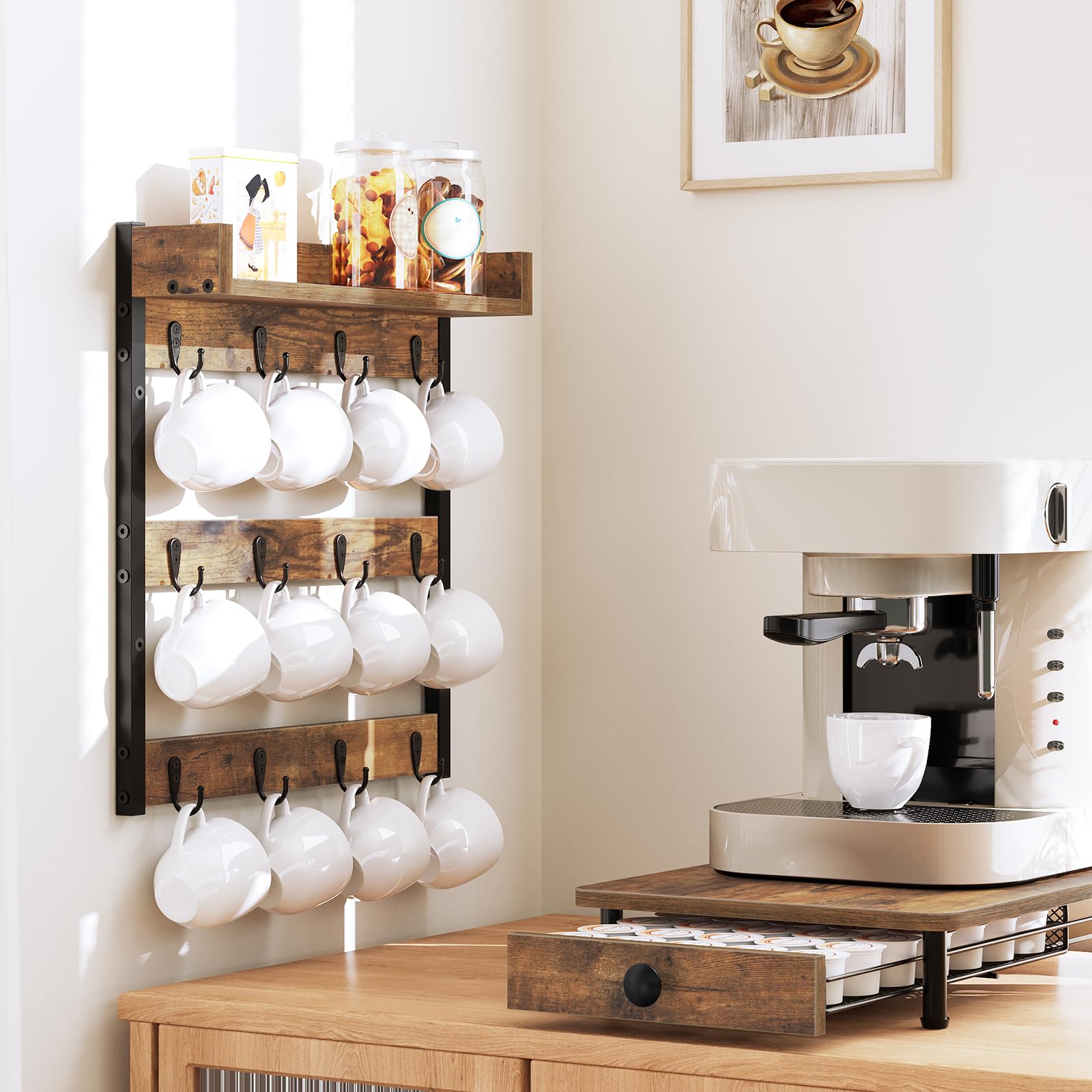 YATINEY mug tree features black metal frame for durability.