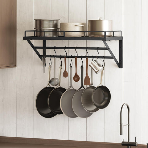 Close-up of 12 removable S-hooks neatly organizing ladles and spatulas.