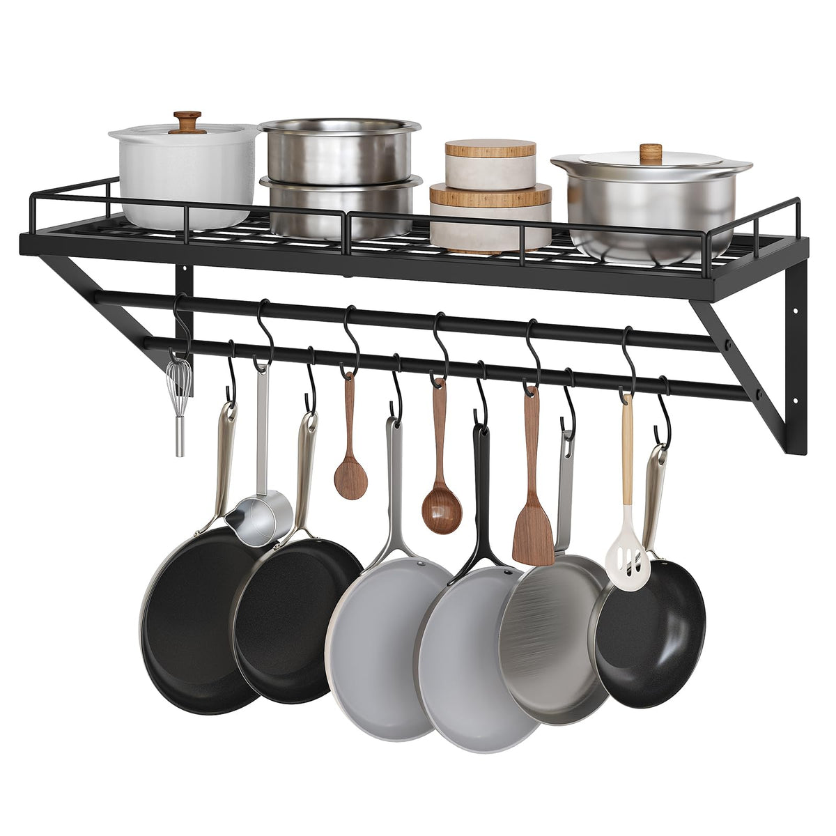 YATINEY pot rack on wall-mount demonstrating space-saving kitchen organization.