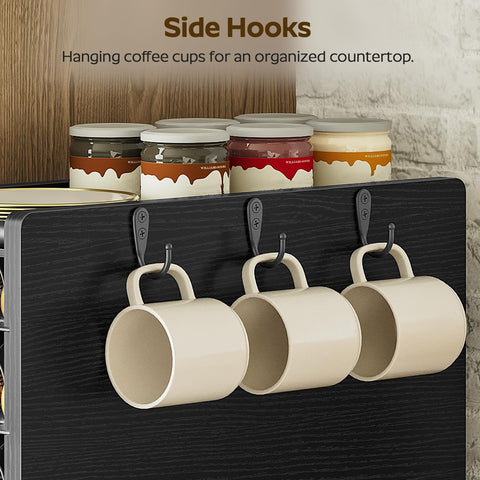 Yatiney top board keeps mugs, syrups, and jars neatly organized.