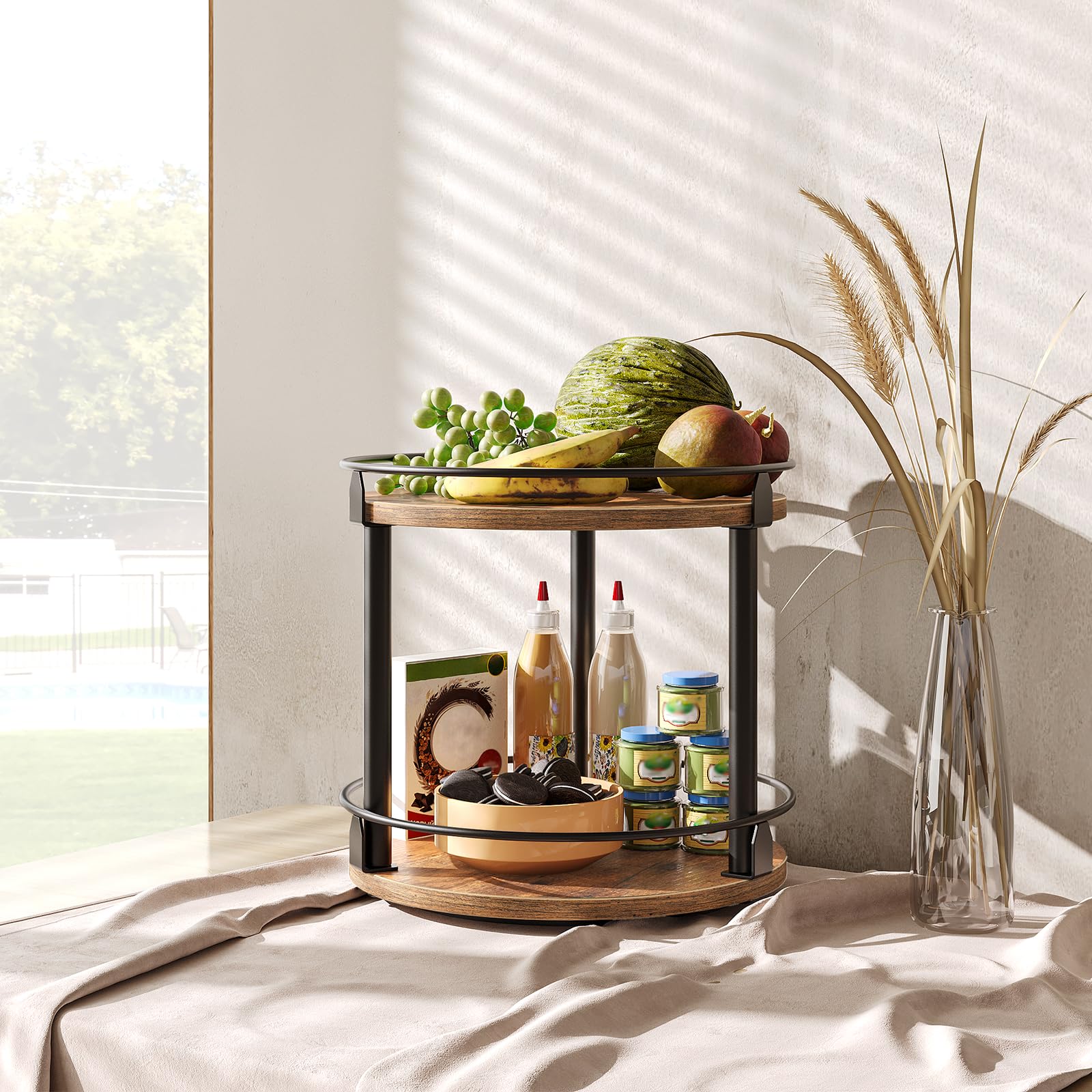 YATINEY two-tier organizer fits tall and short bottles.