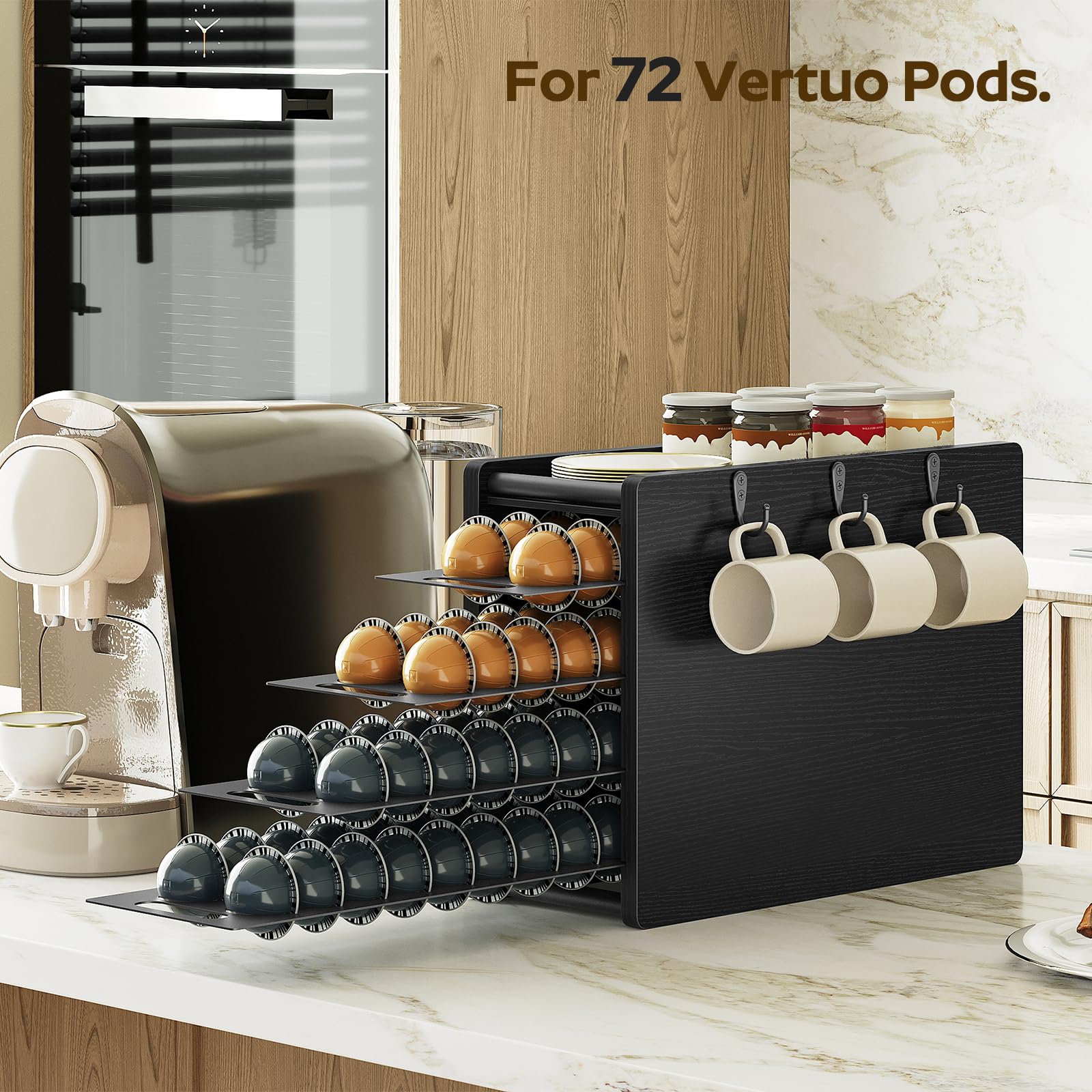 Yatiney Vertuo pod organizer top board holds mugs and syrups within reach.
