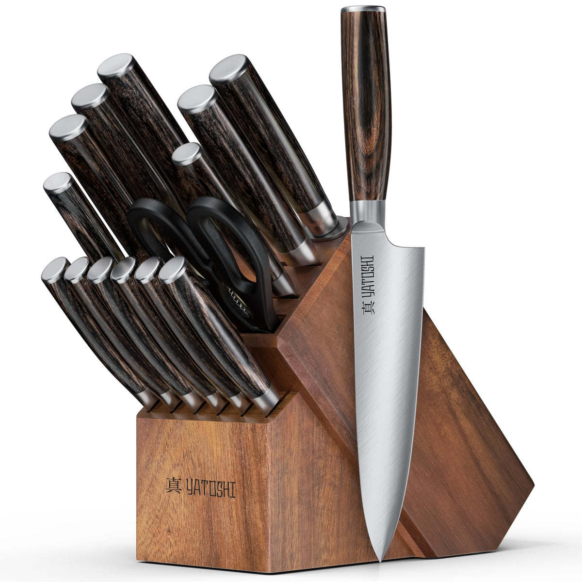 Yatoshi Knives 15-piece set displayed in Acacia block for organized blade storage.