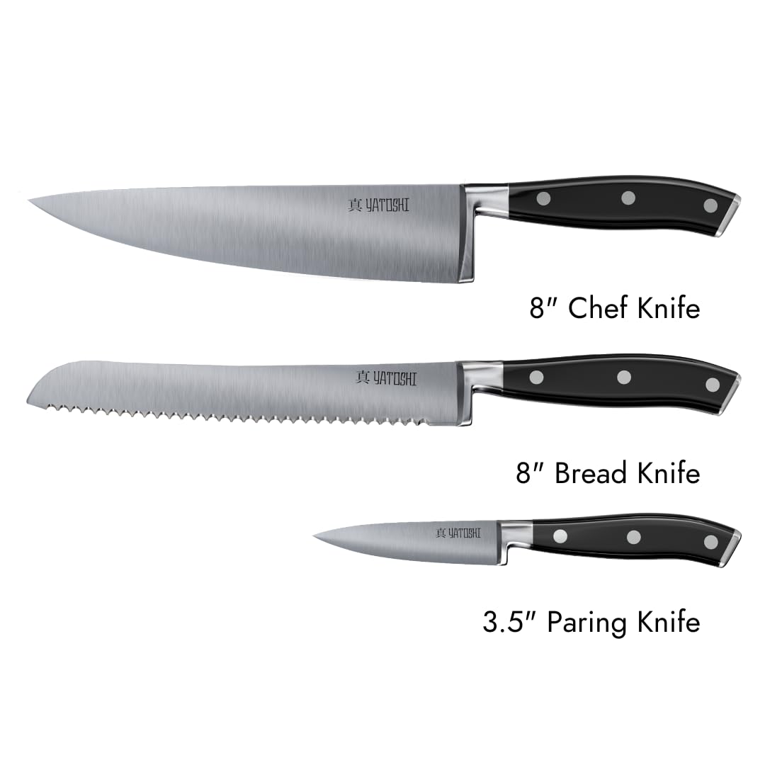 Yatoshi Knives bread knife close-up shows serrated blade for clean bread slices.
