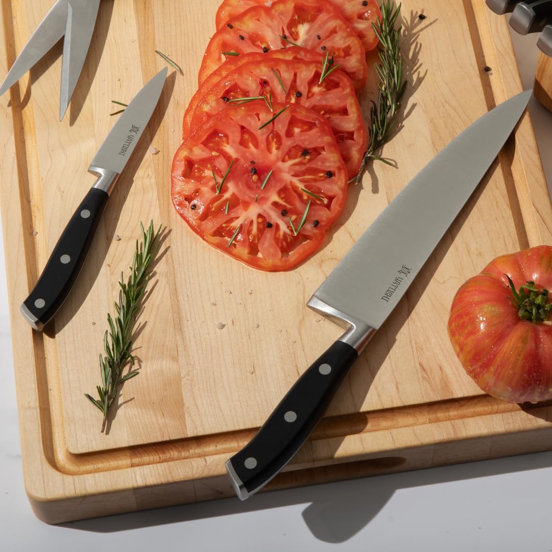 Yatoshi Knives kitchen display with all three knives ready for use.