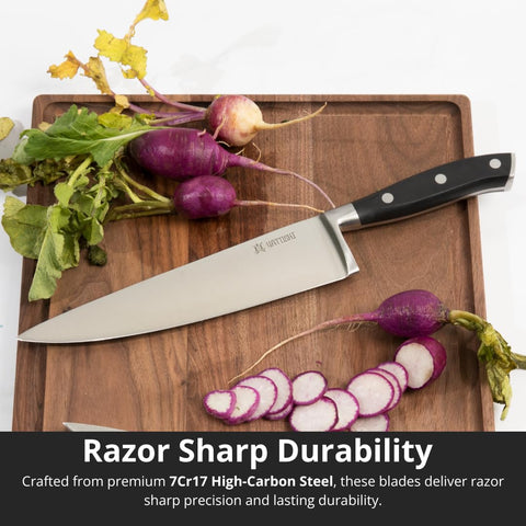 Yatoshi Knives Pakka wood handle close-up emphasizes comfortable, balanced control.