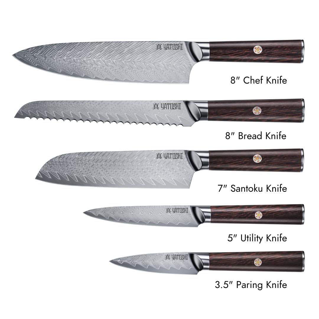 Yatoshi Knives 67-layer VG-10 Damascus blade close-up showing craftsmanship.