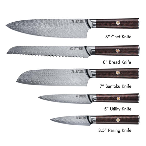 Yatoshi Knives 67-layer VG-10 Damascus blade close-up showing craftsmanship.