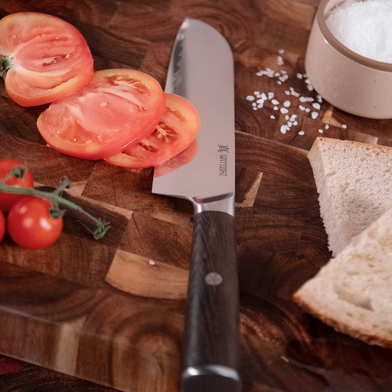 Yatoshi Knives 7-inch Santoku knife for versatile chopping.