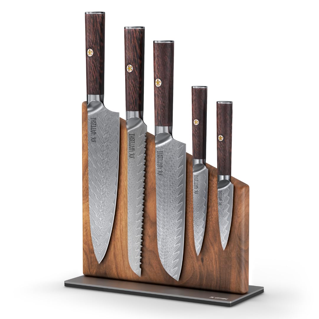 Yatoshi Knives magnetic block on counter keeps blades secure and accessible.