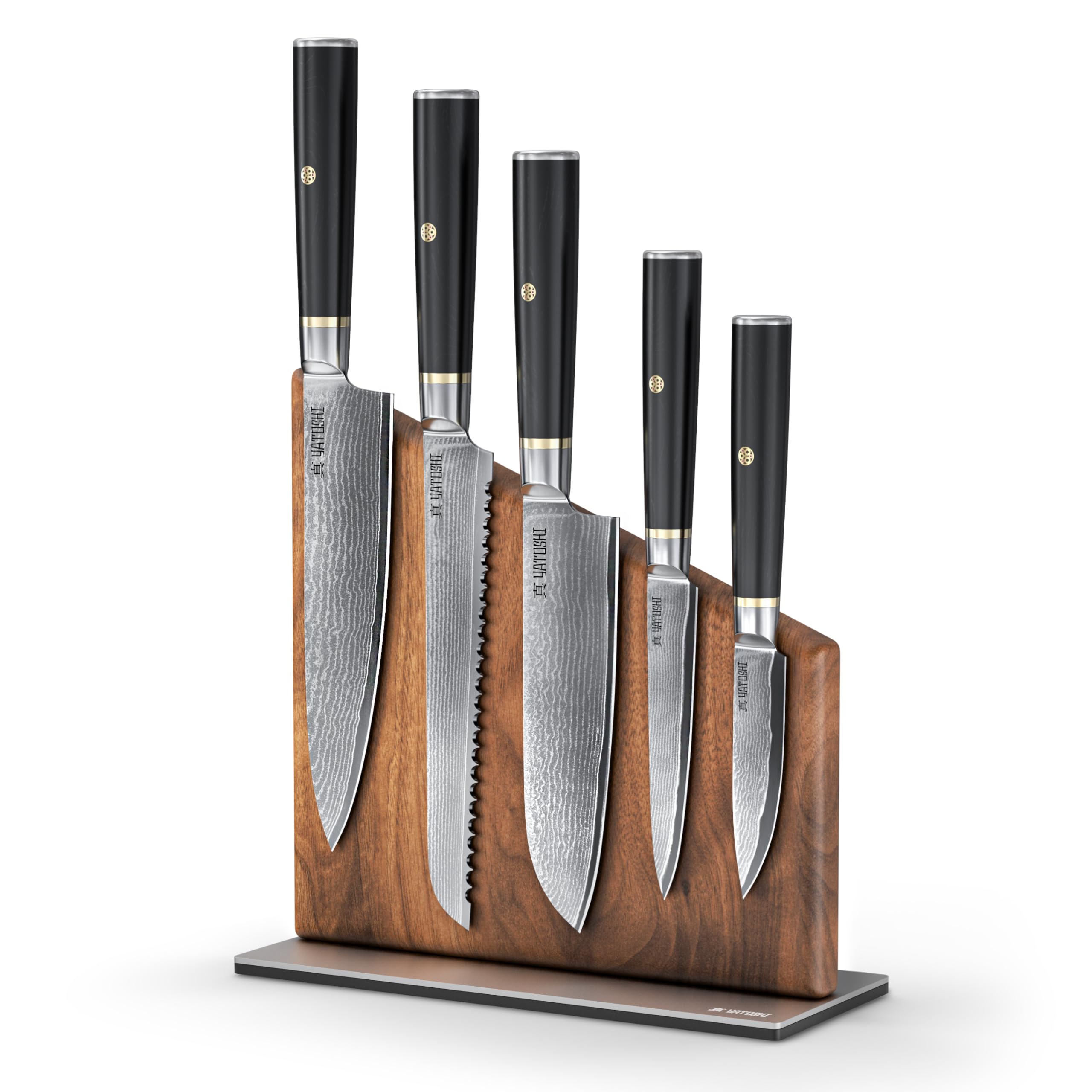 Yatoshi Knives magnetic block with walnut base keeps blades neatly organized on the counter