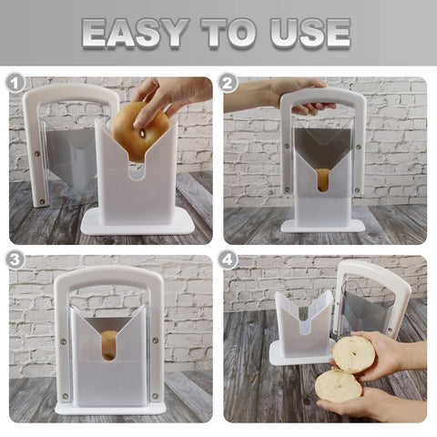 Yatytepo bagel slicer shows a safe hand grip for controlled cutting