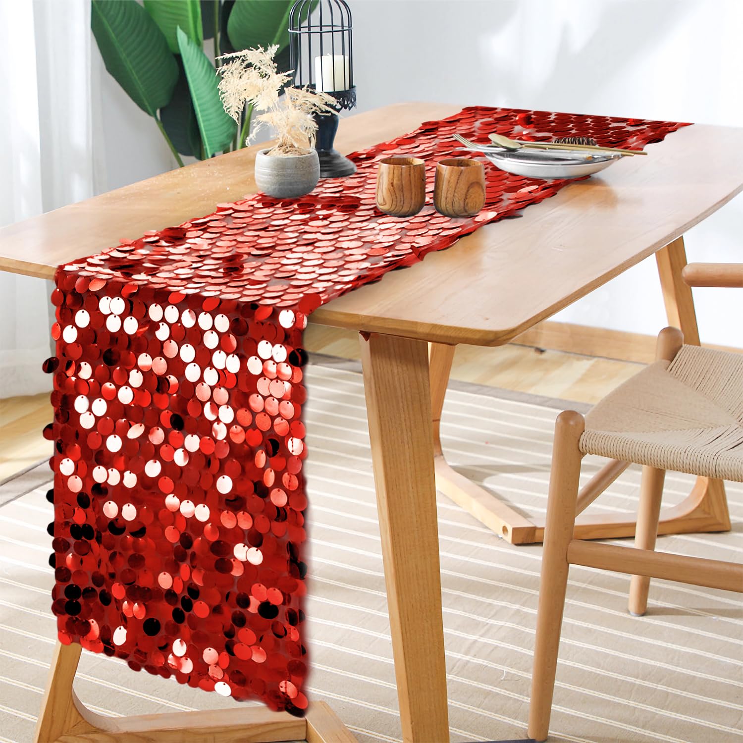 Yblut sequin table runner close-up highlights large red glitter for dazzling centerpieces.
