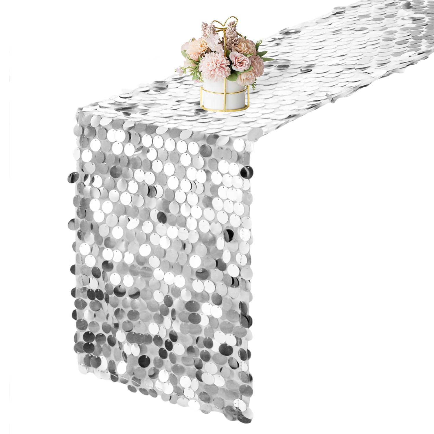 Yblut silver sequin table runner 12x108 enhances elegant dining ambiance.