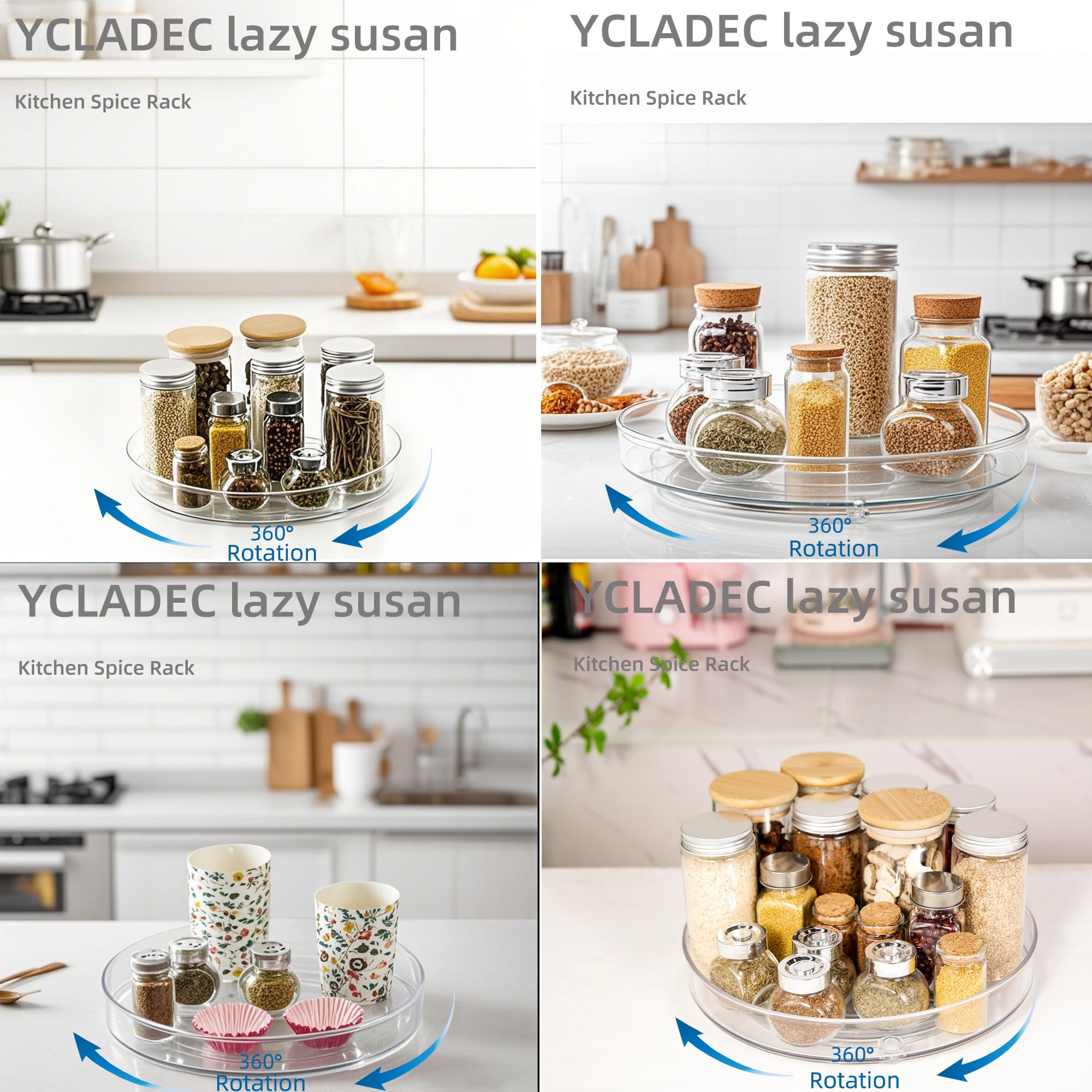 YCLADEC 360-degree spice rack enables quick seasoning access from any cabinet.