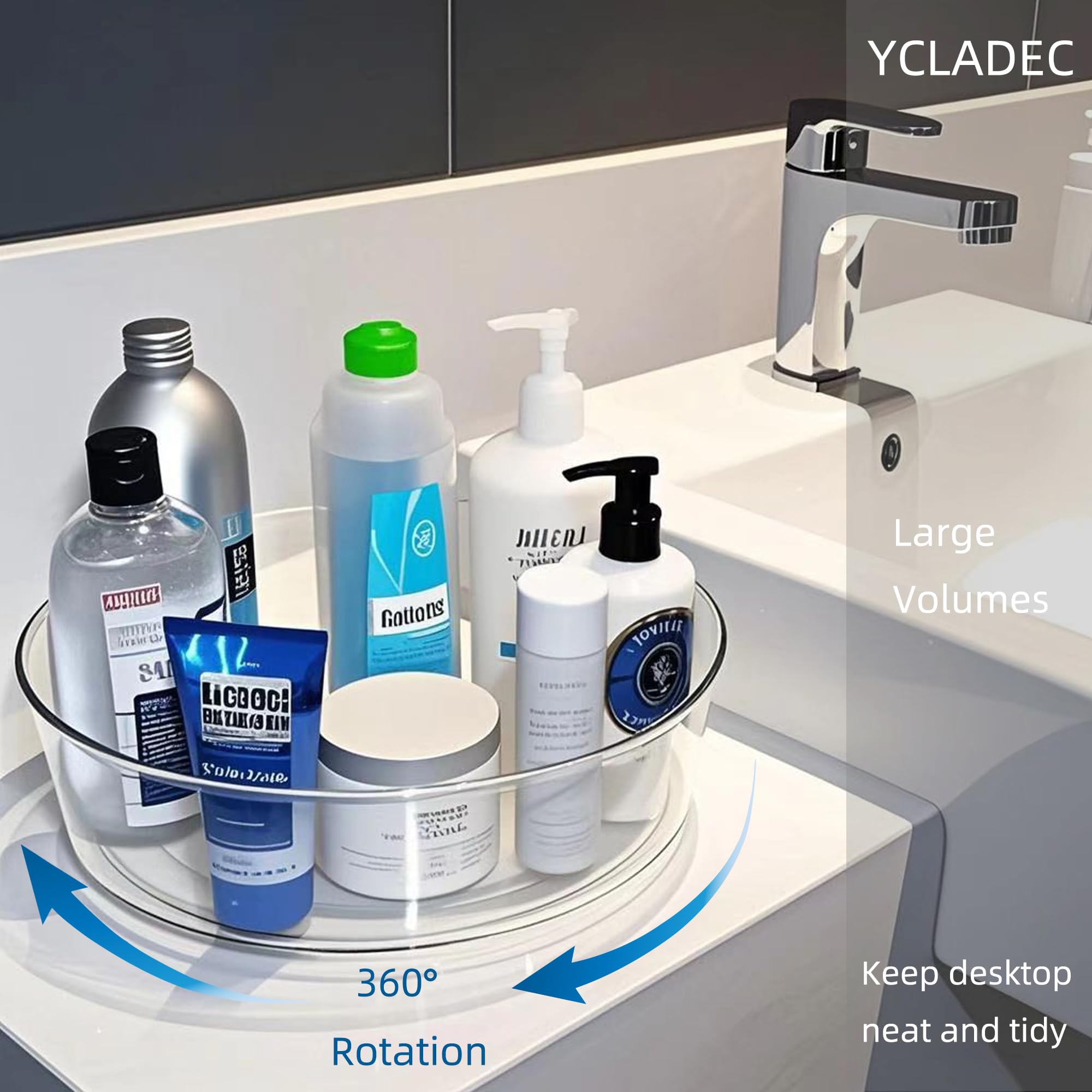 YCLADEC cosmetics and perfume organizer neatly sorts vanity essentials.