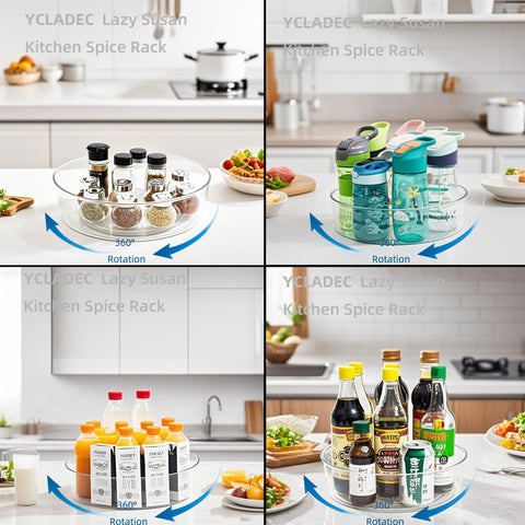YCLADEC lazy susan spice rack rotation helps reach jars from any shelf.
