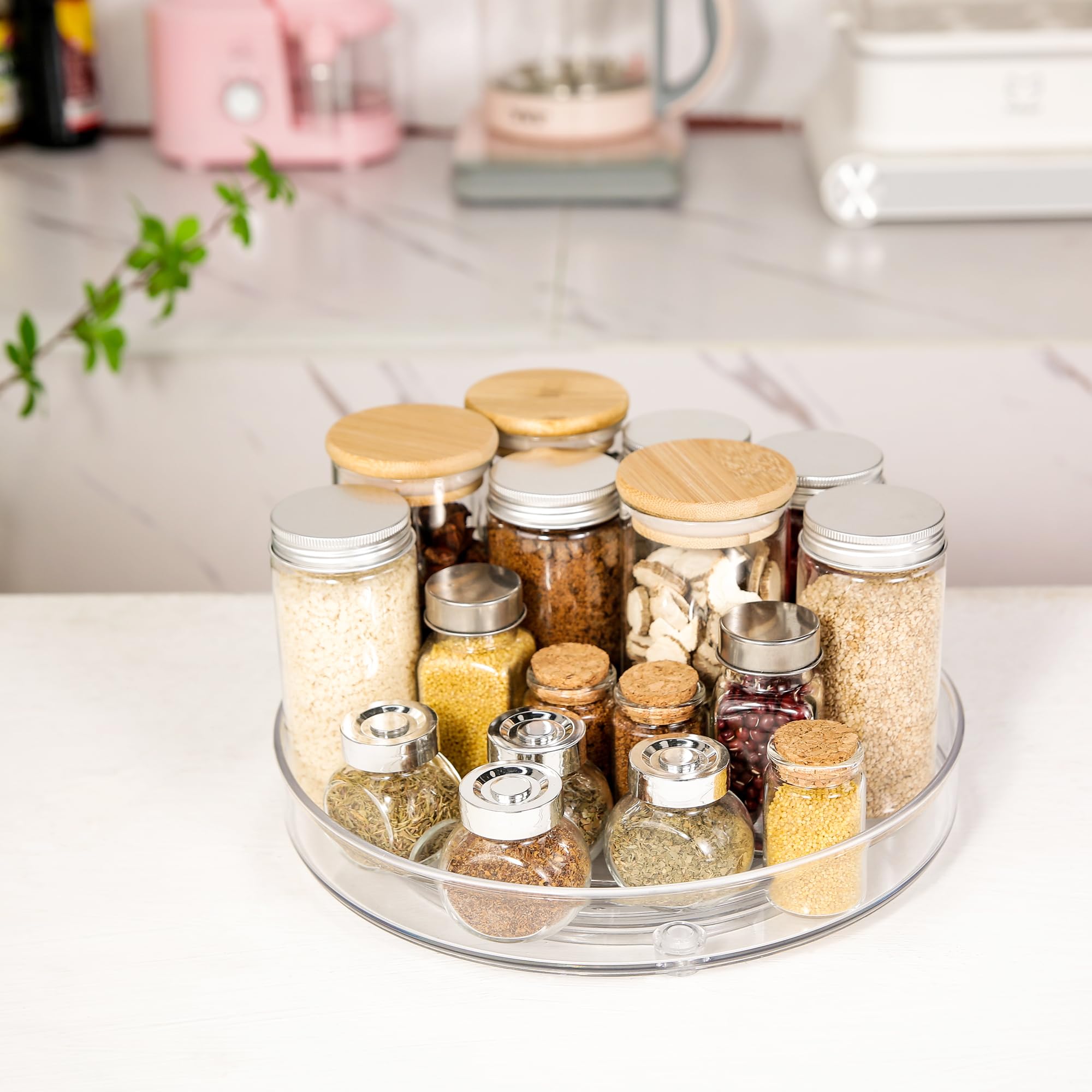 YCLADEC pantry and vanity storage bins keep kitchen items neatly arranged.