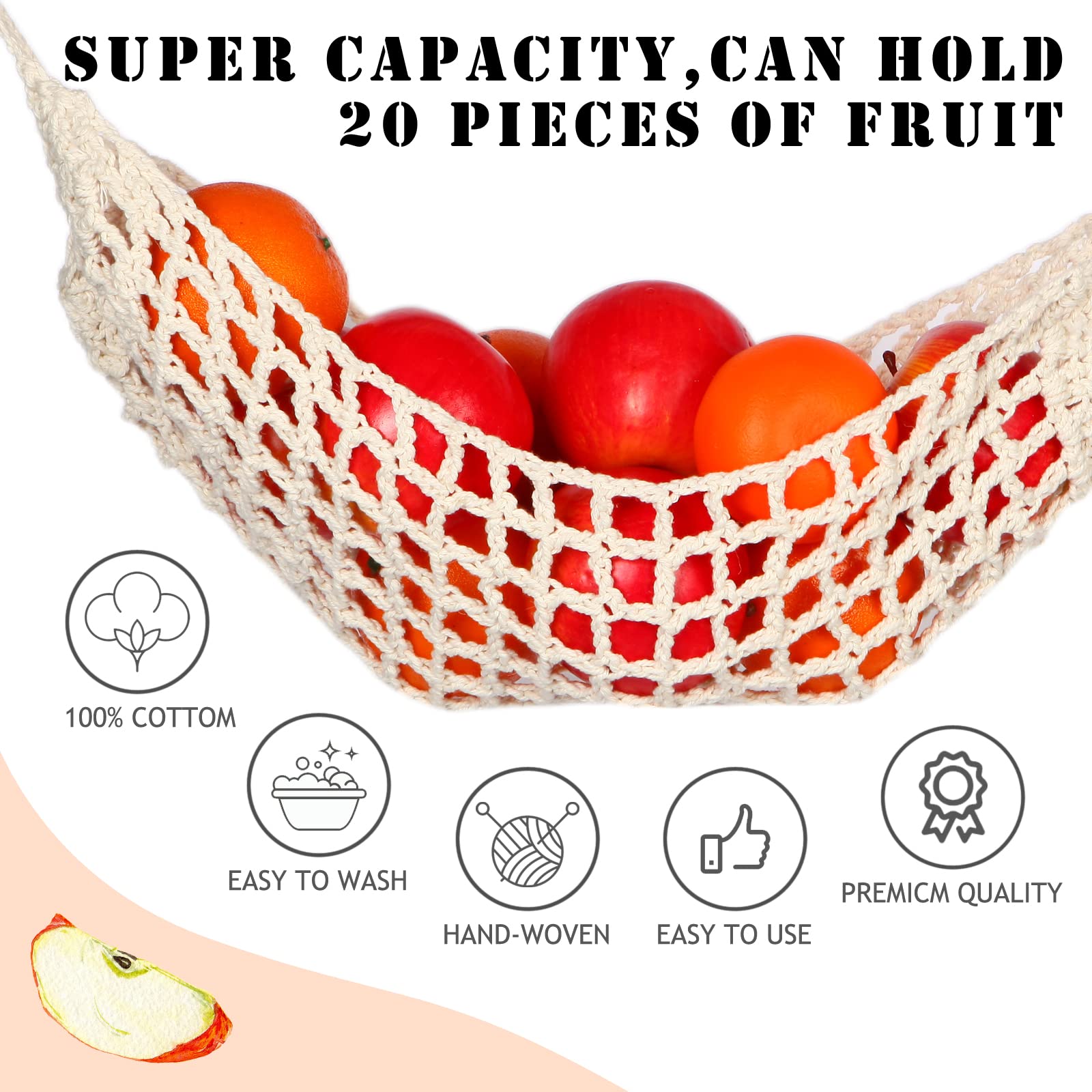 Ycsst hanging hammock adds bohemian charm to the kitchen while organizing fruit.